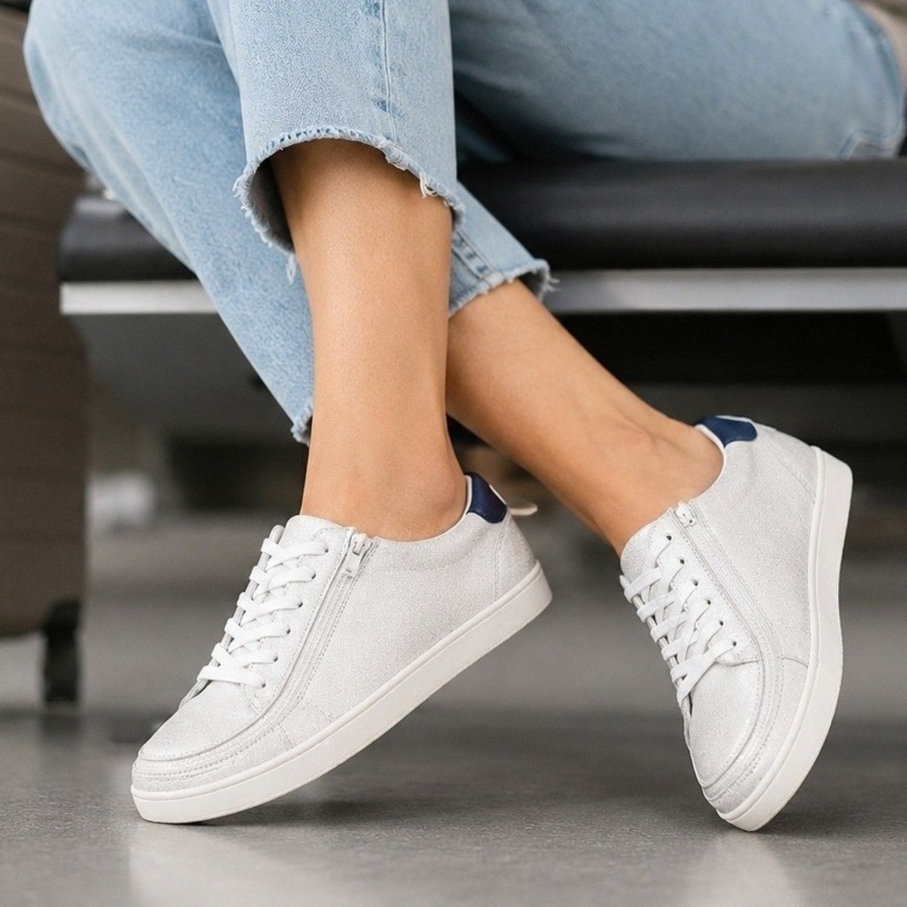 Billy Footwear Wide Zip Lace Sneakers 7W Silver‎ Metallic Comfort Walking Shoes